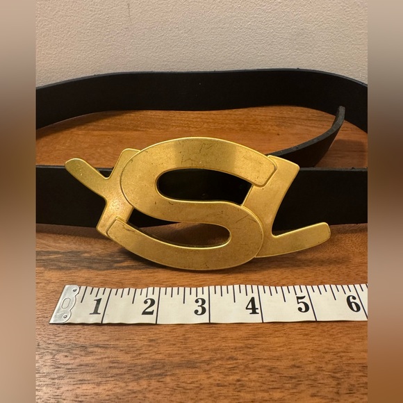YSL Yves Saint Laurent Belt Brass Logo Black Leather - Picture 3 of 13